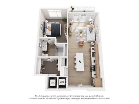 Floor plan for 1 bed, 1 bath, 732 sqft